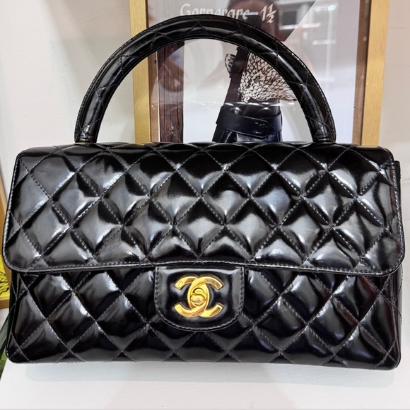 Chanel Vintage Gold Plated Kelly Top Handle Black Patent Quilted Handbag - Picture 1 of 7